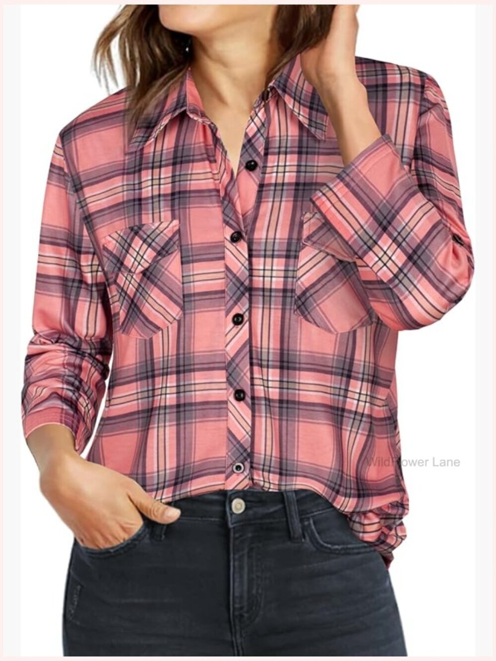 Women's Plaid Button Down Blouse 3/4 Sleeve Tunic Tops